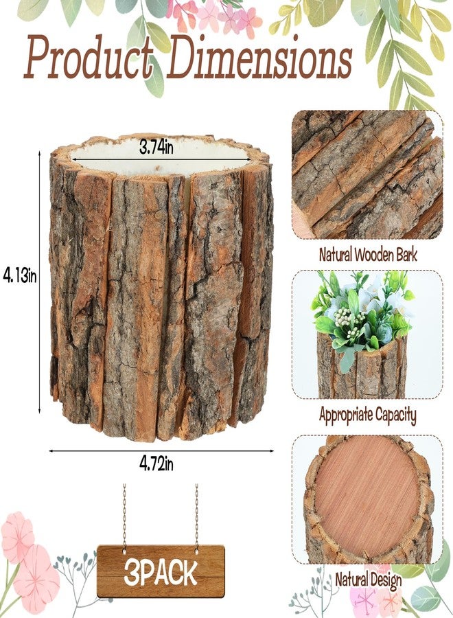 AIHSUMC 3 Pcs Wooden Vase for Centerpieces, 3.9 in Bark Vase Rustic Wooden Bark Flower Pots Country Style Stump Bucket Planter for Woodland Party Wedding Window Home Farmhouse Table Decor - Image 2
